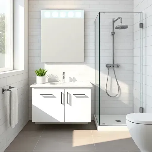 Recently renovated small Los Angeles bathroom with sleek fixtures, marble countertop, glass shower, neutral tiles, and natural lighting