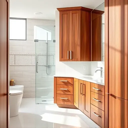 Bathroom with refaced walnut cabinets, quartz countertops, brushed nickel hardware, tiled shower, bright natural light