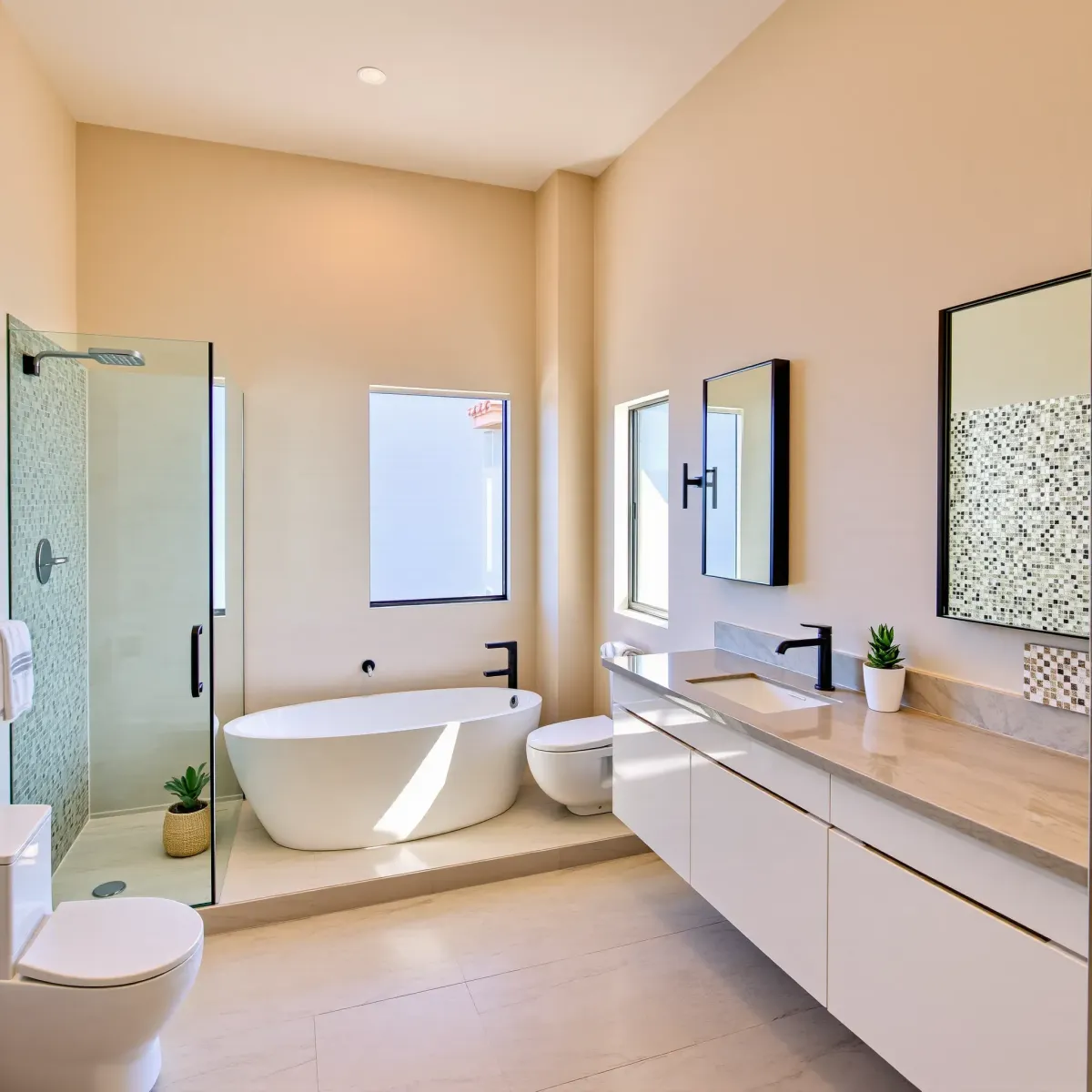 A modern bathroom with new tiles and fixtures, promoting professional Bathroom Remodeling in Palms, CA.