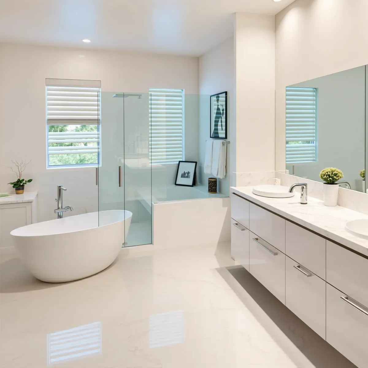Completed modern bathroom remodel in Windsor Hills, CA with marble countertops, glass shower, freestanding tub, and sophisticated finishes.