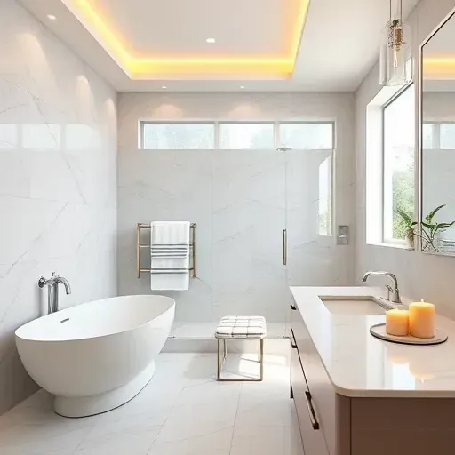 Completed bathroom remodel in Windsor Hills CA featuring marble counters, freestanding tub, and luxurious lighting.