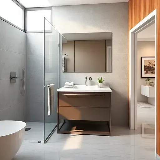 Remodeled small bathroom in Palms California with modern fixtures, marble vanity, glass shower, textured tiles, and warm accents