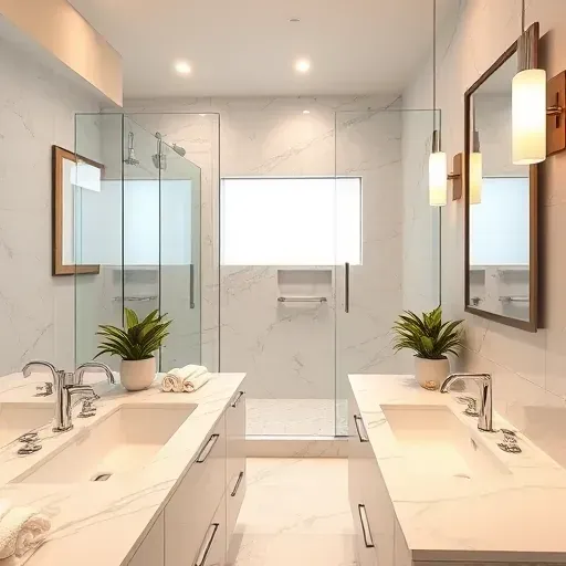 Completed bathroom remodel in Baldwin Hills CA featuring marble countertops walk-in shower and modern fixtures