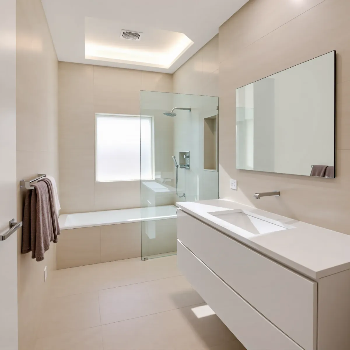Small bathroom in Crenshaw, CA featuring a modern floating vanity, walk-in shower, natural light, and elegant neutral tiles.
