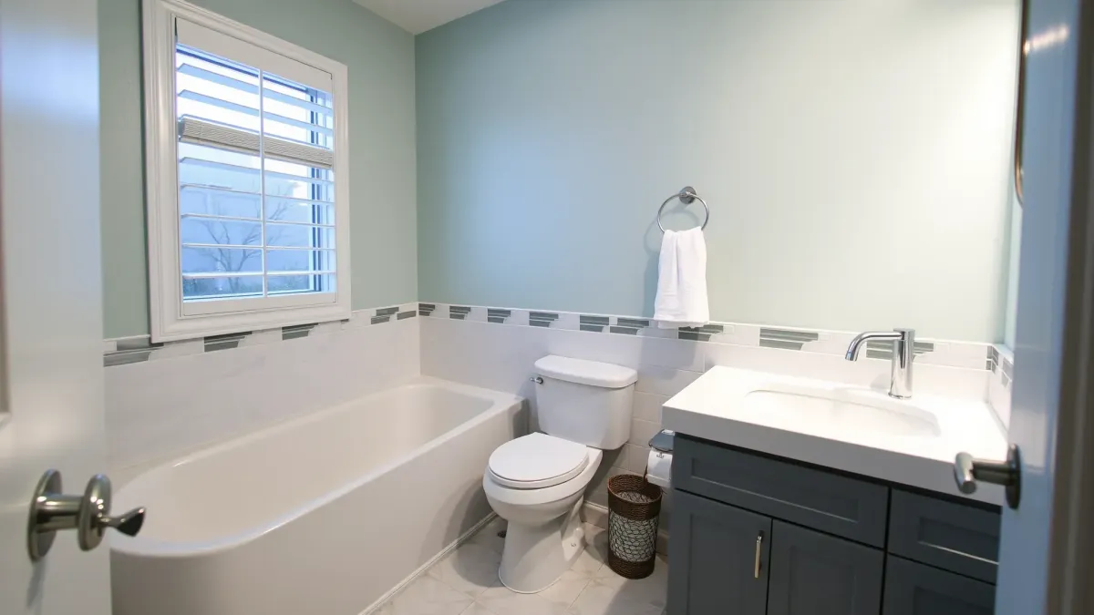 Beautiful remodeled Santa Monica bathroom with marble floors, sleek fixtures, coastal accents, and seaside city views.