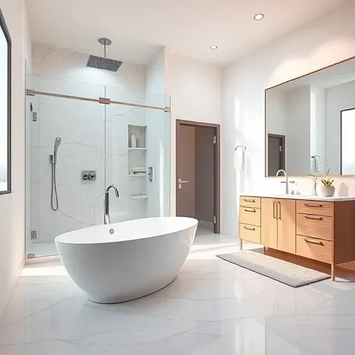 Completed bathroom remodel in West Adams CA featuring a freestanding tub, walk-in shower, and elegant finishes.