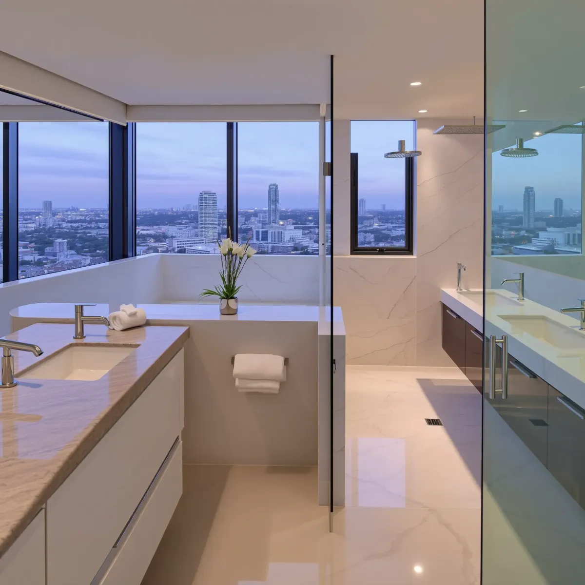 Bathroom Remodeling in Century City, CA featuring modern fixtures, stylish tiles, and ample lighting.
