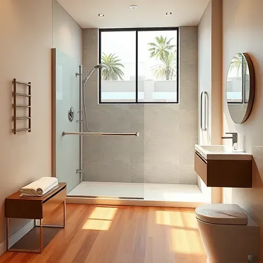 Modern accessible Los Angeles bathroom with walk-in shower, ergonomic vanity, non-slip warm flooring, natural light, and neutral tones