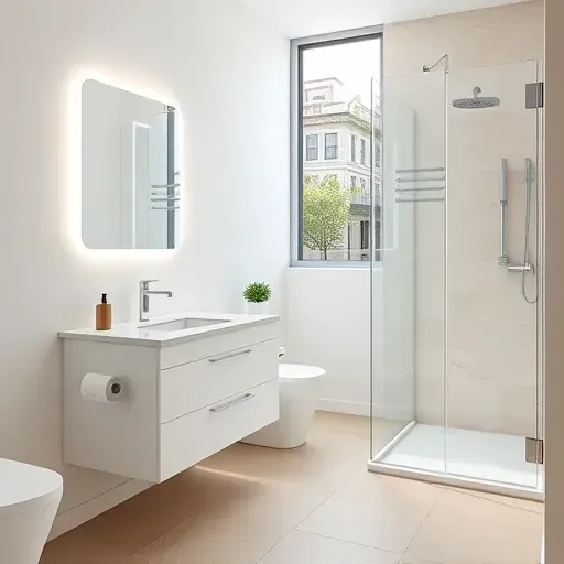 Small modern bathroom in Leimert Park with sleek white vanity, marble countertop, walk-in shower, neutral tiles and natural light