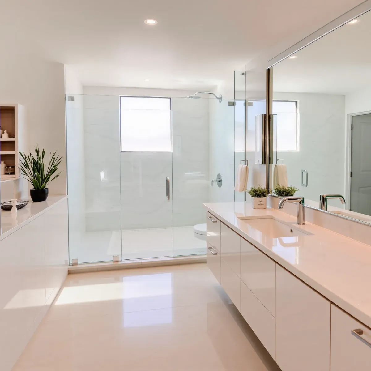Remodeled Wilmington, CA bathroom featuring modern fixtures, glass shower, freestanding tub, granite countertops, and elegant design.