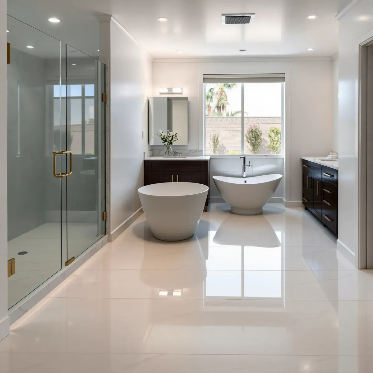 Remodeled Rancho Park bathroom with marble floors, modern fixtures, glass shower, soaking tub, and elegant lighting.