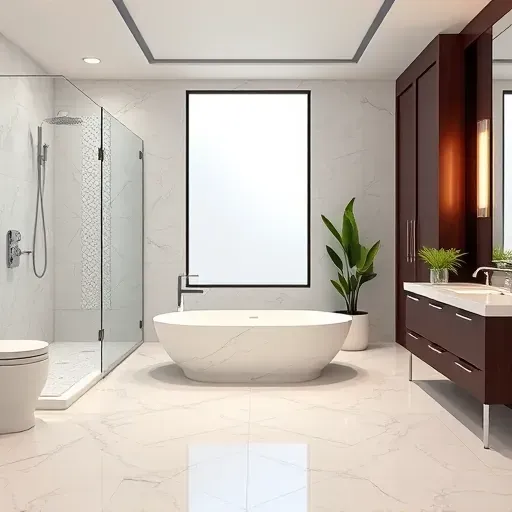 Luxurious bathroom remodel in Palms, CA with marble tiles, dark wood cabinetry, and freestanding soaking tub.