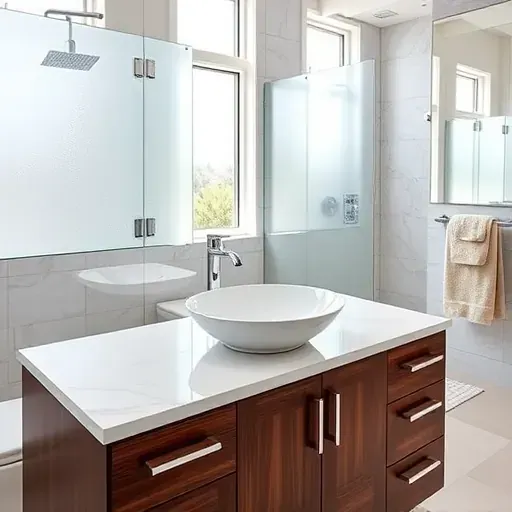 Modern Los Angeles bathroom with dark wood vanity, marble countertop, vessel sink, chrome fixtures, and luxurious details