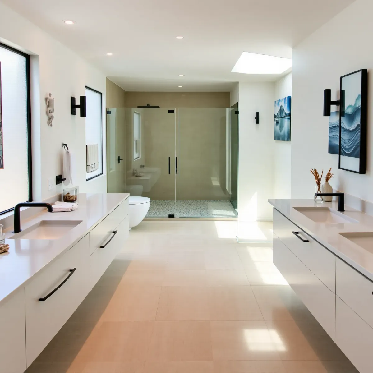 Beautiful bathroom remodel in Manhattan Beach, CA with modern fixtures and elegant tile design.