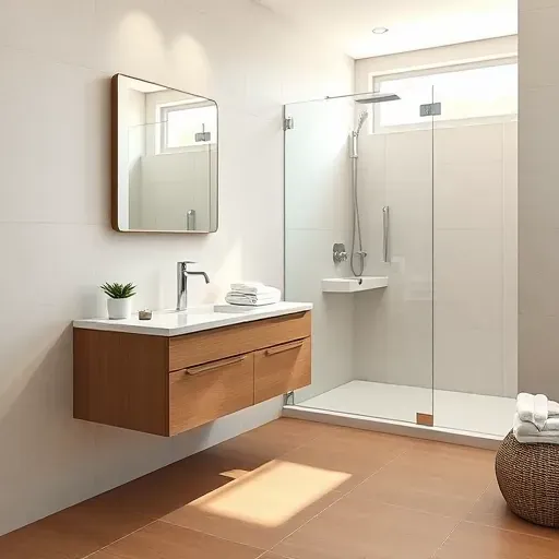 Newly renovated small bathroom in View Park CA with modern fixtures, a floating vanity, and frameless glass shower.