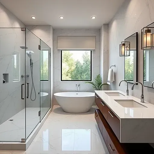 Bathroom remodel in Beverly Hills featuring modern fixtures, marble tiles, and a freestanding tub by a window.
