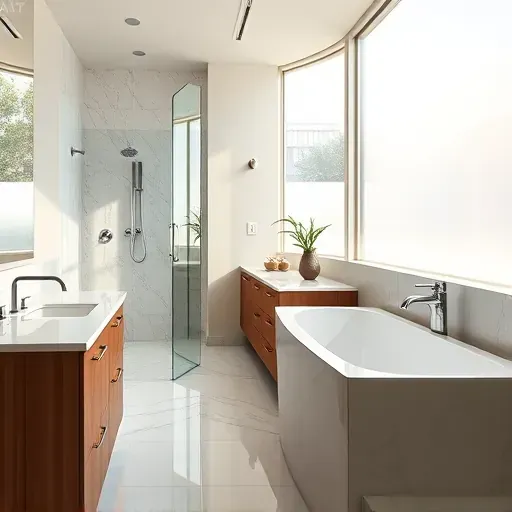 Luxurious renovated master bathroom in Los Angeles with modern fixtures, marble tiles, soaking tub, and natural daylight