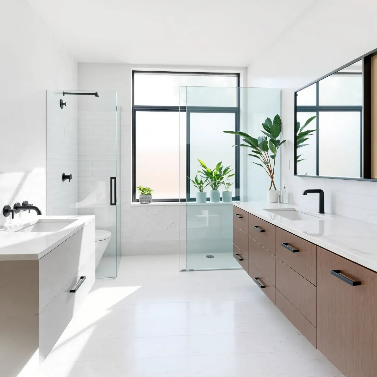 Renovated small bathroom in Palms, CA featuring marble countertops, glass shower, floating vanity, subway tiles, and greenery.