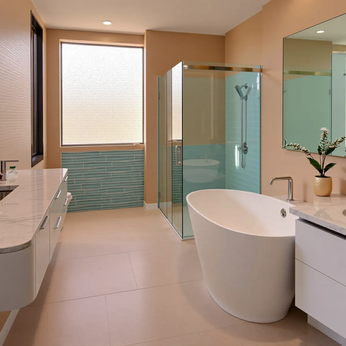 Remodeled Fairfax District bathroom with marble floors, large glass shower, freestanding tub, floating vanity, and elegant decor.
