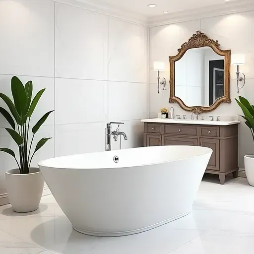 Completed bathroom remodel in Westchester CA with modern tub, elegant fixtures, marble tiles, and stylish vanity.