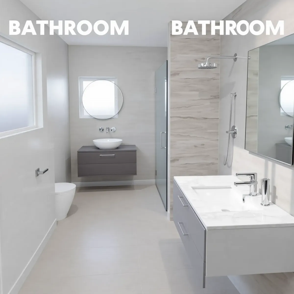 Remodeled Carson, CA small bathroom with modern vanity, glass shower, porcelain toilet, and neutral tiles.