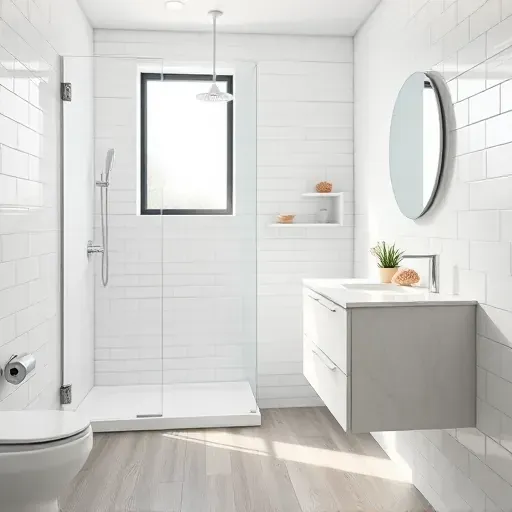Remodeled small bathroom in Redondo Beach with modern fixtures, glass shower, marble vanity, coastal decor and wood-look flooring