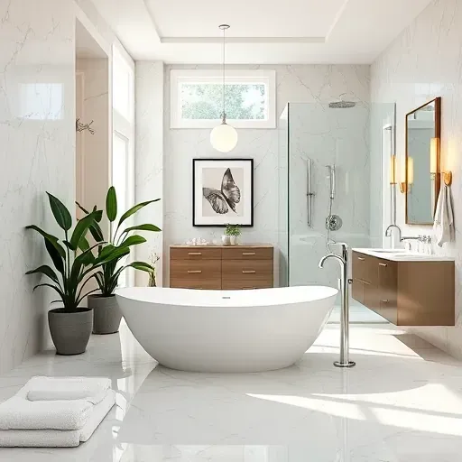 Completed bathroom remodel in View Park CA with elegant modern and traditional designs, polished marble, and serene decor.
