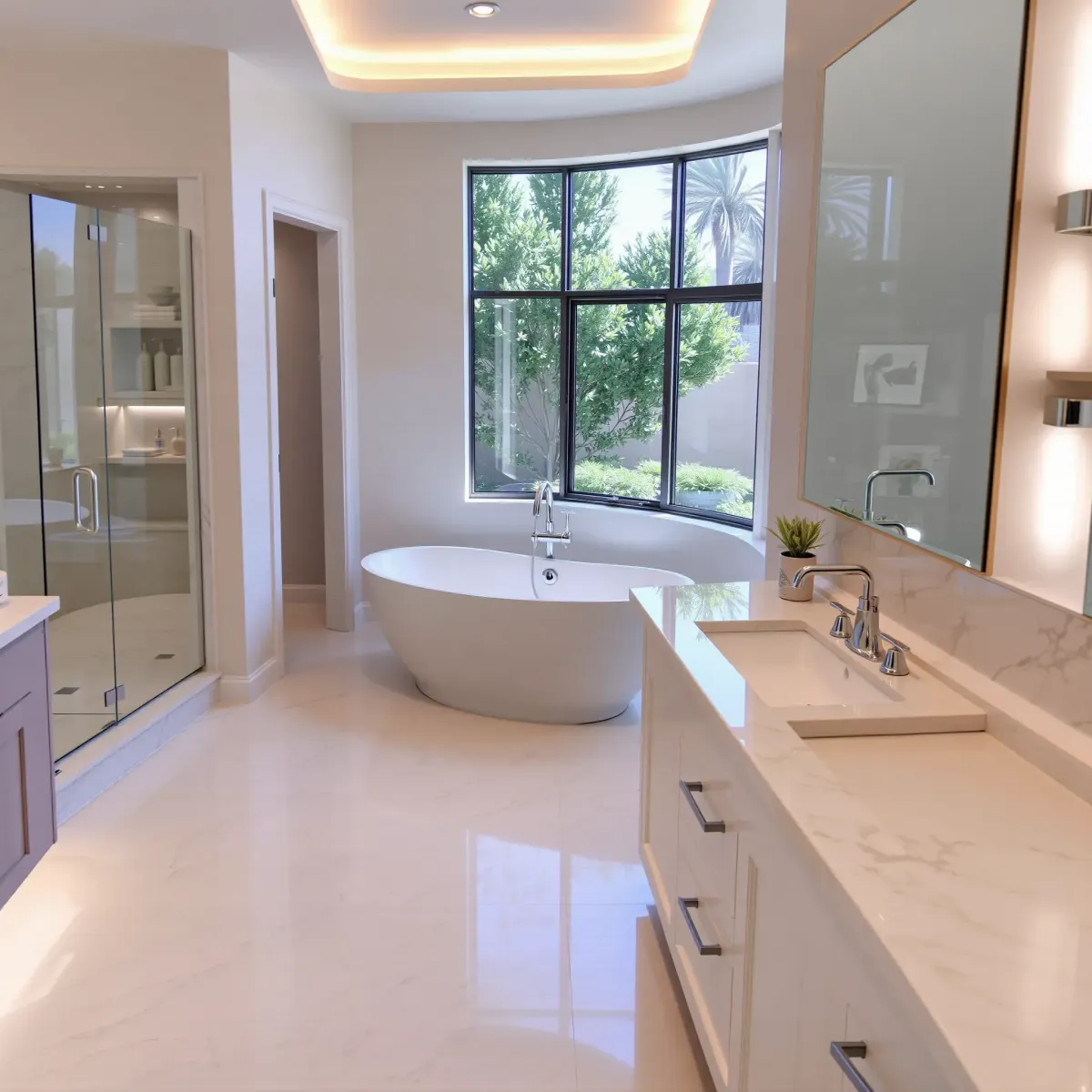 Modern bathroom with sleek fixtures, marble tiles, stylish vanity, and contemporary lighting in Compton, CA.