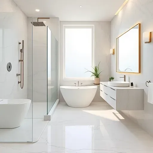 Renovated Los Angeles guest bathroom with marble tiles, modern fixtures, glass shower, floating vanity, soft lighting and neutral colors