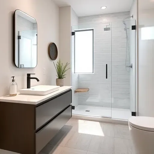 Remodeled small Carson CA bathroom with black fixtures, white sink, walk-in shower, modern vanity, LED mirror, and natural light