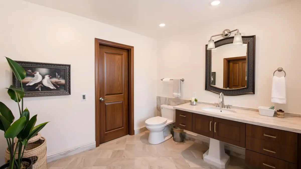 Modern small bathroom in Playa Vista, CA with sleek fixtures, white subway tiles, glass shower, and natural light.