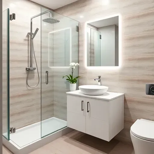 Remodeled small Torrance bathroom with sleek modern design, glass shower, white vanity, ceramic sink, neutral tiles, and natural light