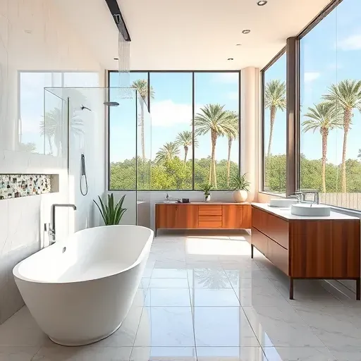 Luxurious bathroom remodel in Santa Monica with marble tiles, freestanding tub, glass shower, and natural light from large window.