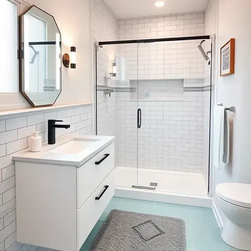 Renovated small Jefferson Park CA bathroom with modern white vanity, marble countertop, LED mirror, matte black fixtures, subway tiles, glass shower with chrome hardware, natural light, gray bathmat, and minimal decor