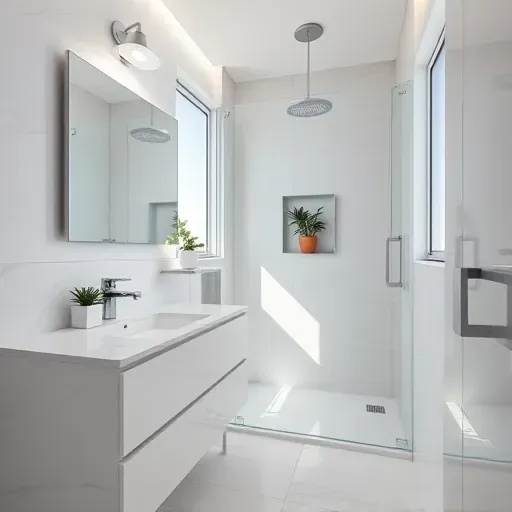 Remodeled Torrance CA small bathroom with white marble countertops, glass shower, minimalist sink, large tiles, and natural light