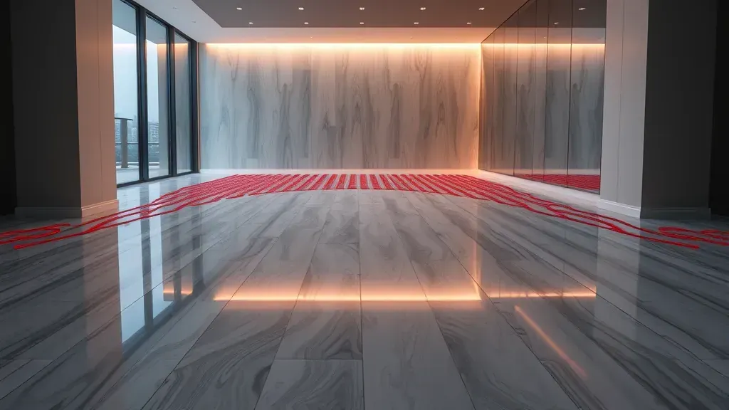 Heated flooring installation project in a modern home in Los Angeles, CA with workers and tools visible.