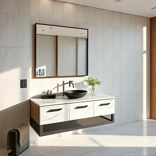 Custom modern Los Angeles bathroom vanity with marble countertop, matte black hardware, large mirror, and city view