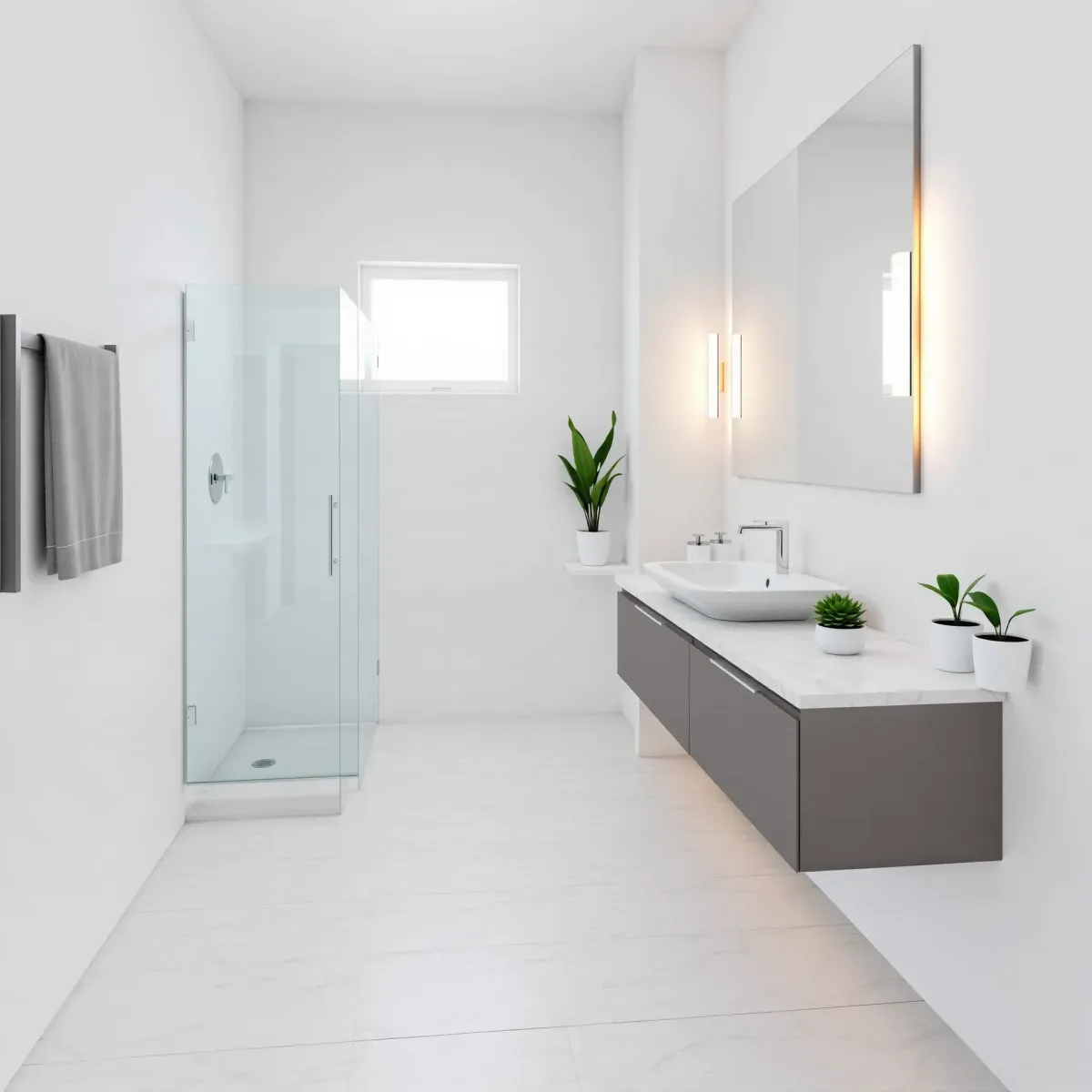 Remodeled small Inglewood bathroom with modern fixtures, glass shower, floating vanity, large mirror, and natural lighting.