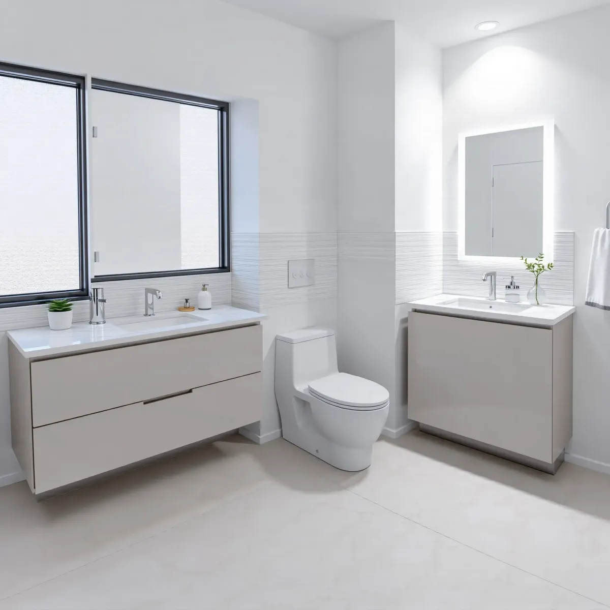 Modern remodeled small bathroom in Harvard Heights, CA with marble countertop, frameless shower, and stylish decor.