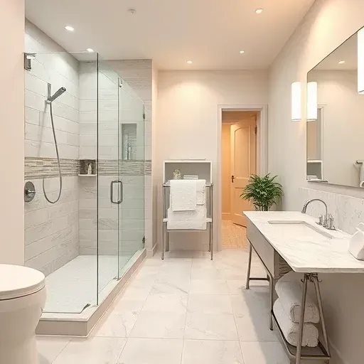 Renovated Los Angeles basement bathroom with walk-in shower, freestanding tub, marble vanity, modern fixtures, and neutral decor