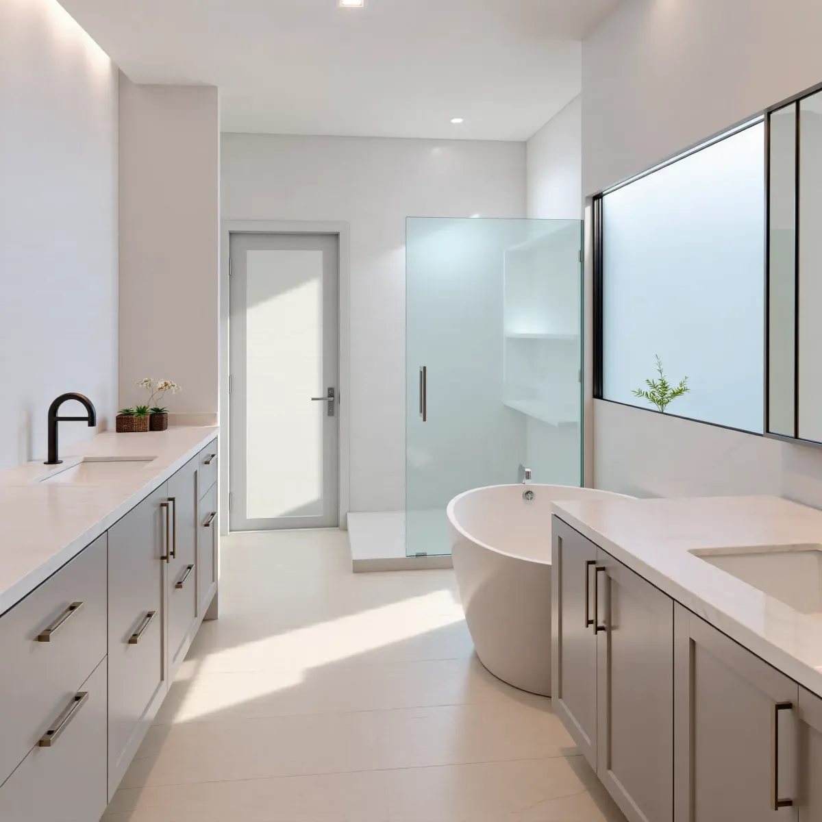 Luxurious coastal-modern bathroom remodel in El Segundo, CA featuring glass shower, soaking tub, quartz counters, and natural light.