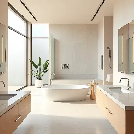 Modern Los Angeles spa bathroom with minimalist design, marble countertops, soaking tub, rain shower, and lush greenery