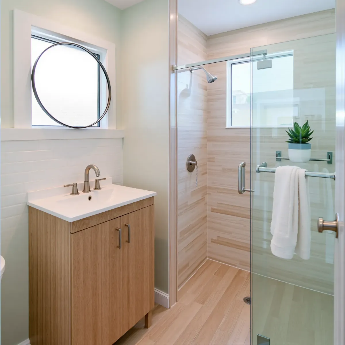 Remodeled small Manhattan Beach bathroom with sleek fixtures, glass shower, marble vanity, beach accents, and ocean view.