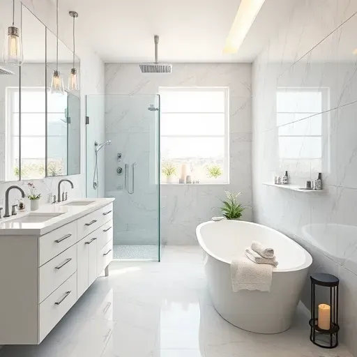 Completed bathroom remodel in Redondo Beach with double vanity, frameless glass shower, and elegant freestanding tub.