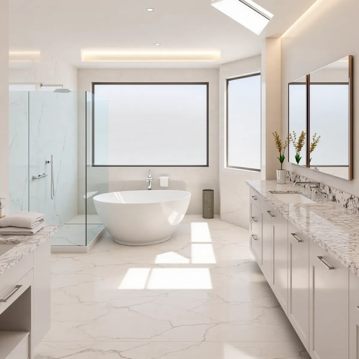 Remodeled Fairfax District bathroom with modern fixtures, glass shower, freestanding tub, marble floors, and stylish decor.