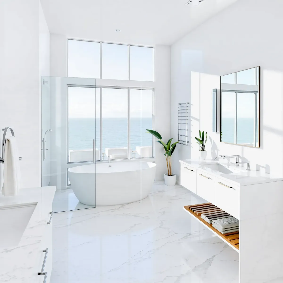 Luxury Manhattan Beach bathroom with ocean views, marble countertops, frameless shower, soaking tub, and modern black fixtures.