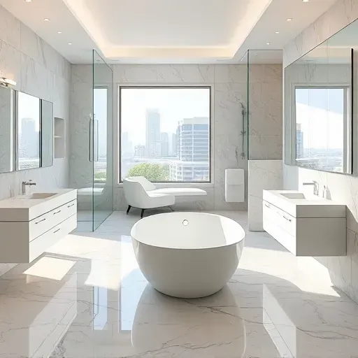 Recently renovated Los Angeles bathroom with modern fixtures, freestanding tub, marble floors, large shower, and city views