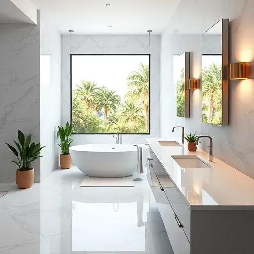 Completed bathroom remodel in Palms, CA with luxury fixtures, freestanding tub, marble tiles, and double vanity.