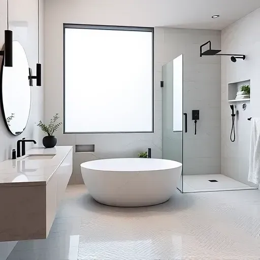 Modern Los Angeles bathroom with freestanding tub, marble vanity, walk-in shower, textured tiles, and stylish black fixtures