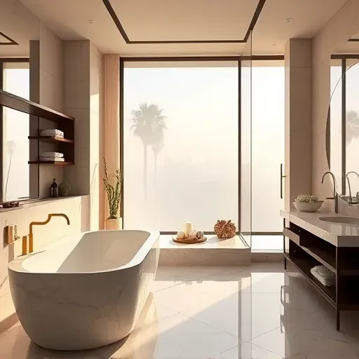 Luxurious LA spa bathroom with marble surfaces deep soaking tub rainfall shower natural light palm view elegant fixtures